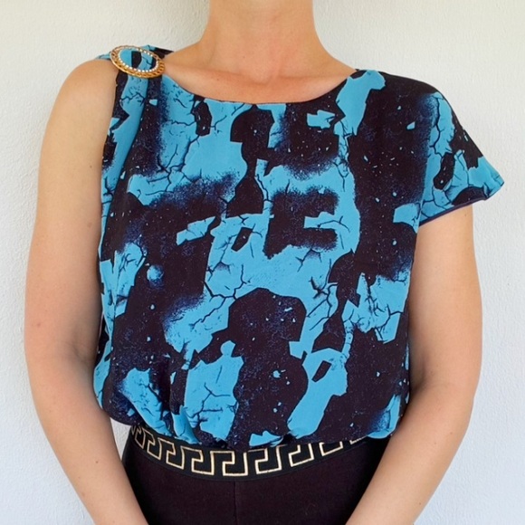 Rachel Zoe teal blue black abstract marble Greek key asymmetrical blouse small - Picture 3 of 13